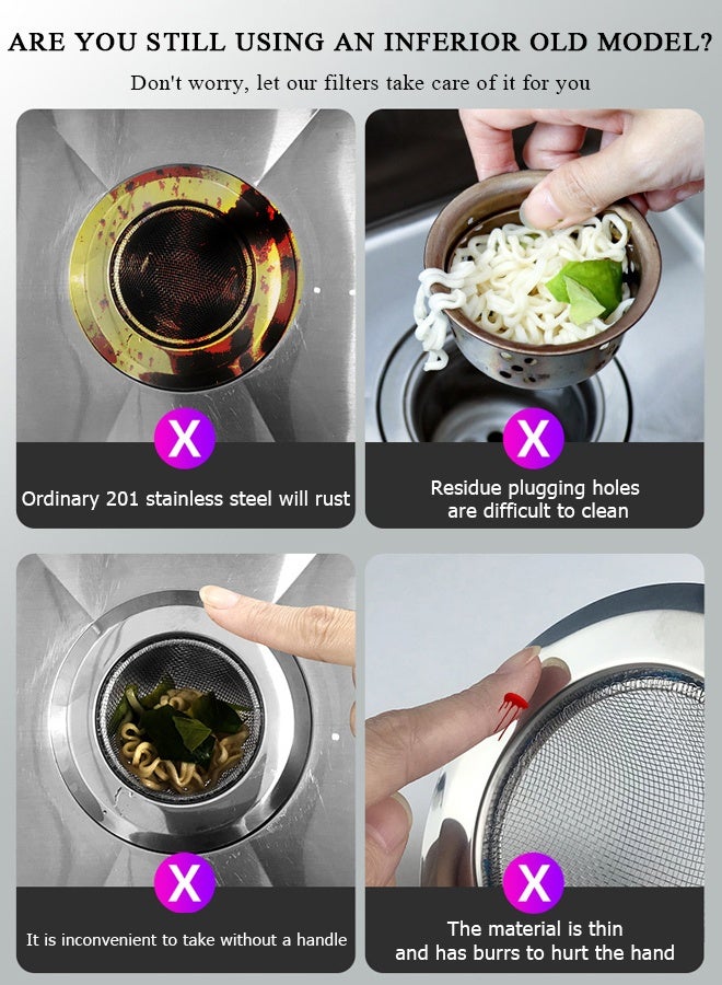 Unique 2-Pack 304 Stainless Steel Sink Strainers - Stainless Steel Drain Strainer with Handle - Rustproof, Reusable Kitchen Sink Drain Protector for Food and Hair Catching - Image 3