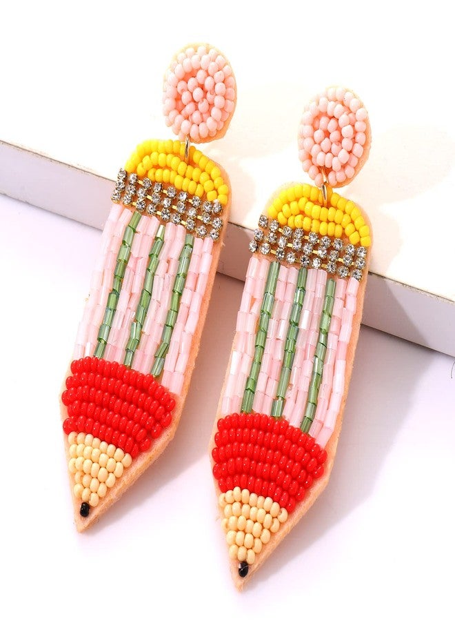 MOLOCH Teacher Earrings Handmade Beaded Pencil Drop Dangle Earrings for Women Teacher Appreciation Gifts Jewelry（pink） - Image 4