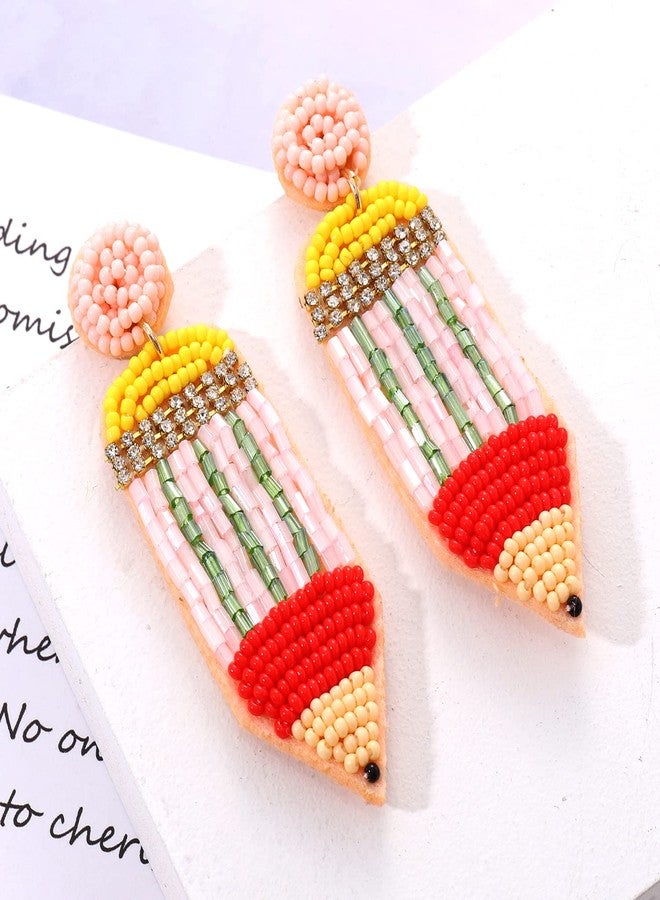 MOLOCH Teacher Earrings Handmade Beaded Pencil Drop Dangle Earrings for Women Teacher Appreciation Gifts Jewelry（pink） - Image 5
