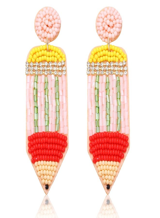 MOLOCH Teacher Earrings Handmade Beaded Pencil Drop Dangle Earrings for Women Teacher Appreciation Gifts Jewelry（pink） - Image 1