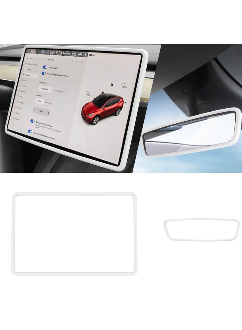 SYOSI 2Pcs Silicone Protector Frames for Tesla Model 3 2017-2024 & Model Y - Screen and Rear View Mirror Protection, Central Control Display Protective Cover (White) - Image 1
