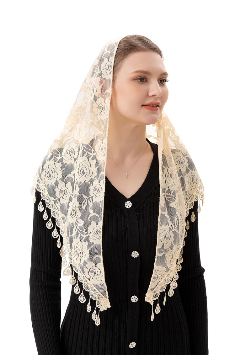 PAMOR Mass Veil Triangle Mantilla Cathedral Head Covering Chapel Veil Lace Shawl Latin Scarf (Ivory) - Image 2