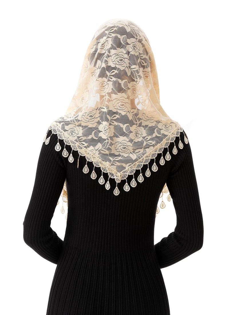 PAMOR Mass Veil Triangle Mantilla Cathedral Head Covering Chapel Veil Lace Shawl Latin Scarf (Ivory) - Image 5