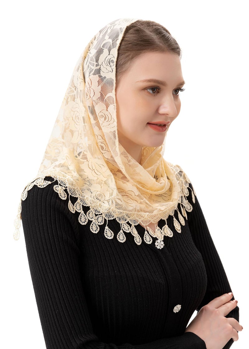 PAMOR Mass Veil Triangle Mantilla Cathedral Head Covering Chapel Veil Lace Shawl Latin Scarf (Ivory) - Image 4