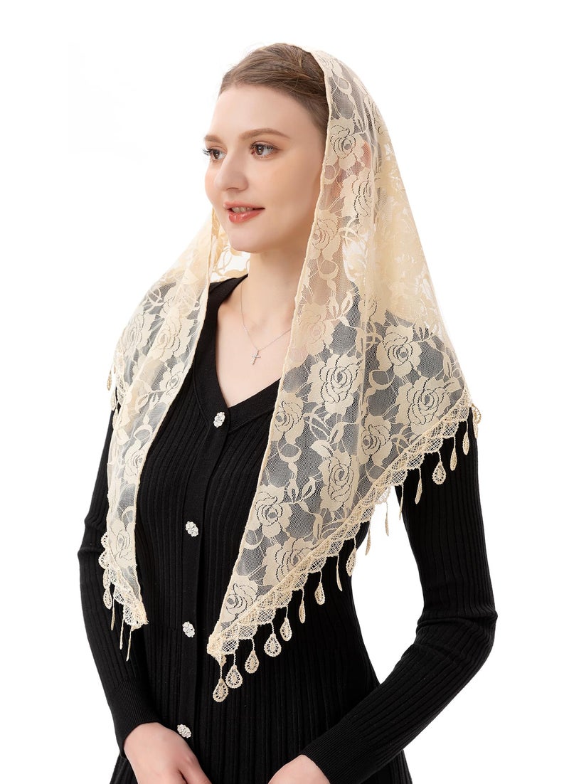 PAMOR Mass Veil Triangle Mantilla Cathedral Head Covering Chapel Veil Lace Shawl Latin Scarf (Ivory) - Image 3