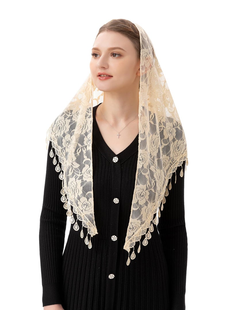 PAMOR Mass Veil Triangle Mantilla Cathedral Head Covering Chapel Veil Lace Shawl Latin Scarf (Ivory) - Image 1