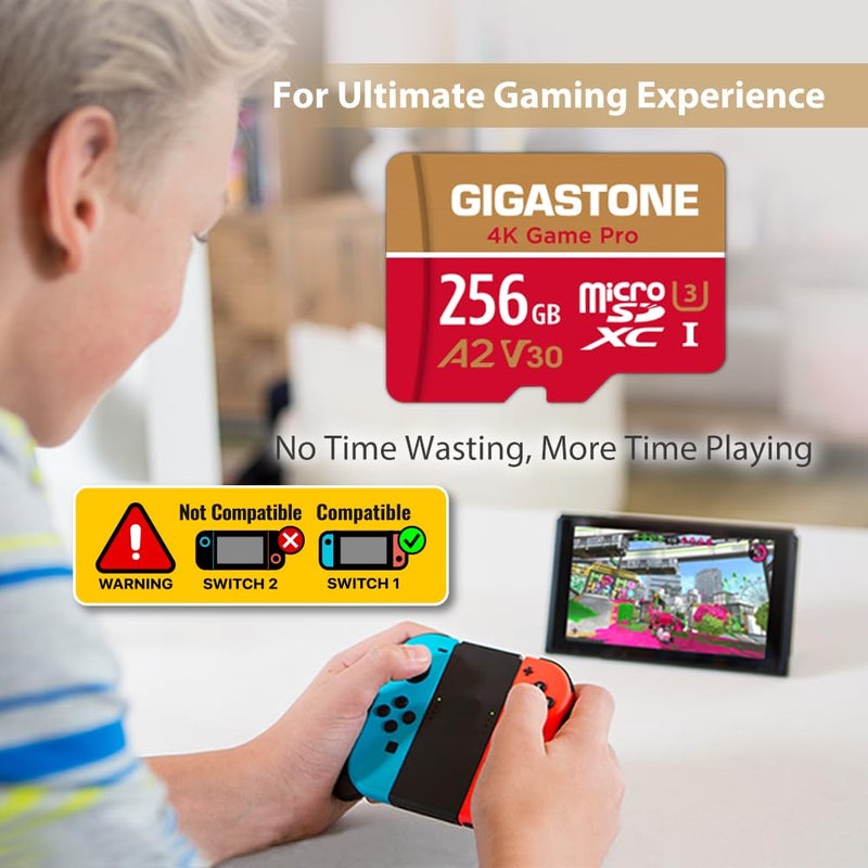 Gigastone [استرداد بيانات مجاني لمدة 5 سنوات] بطاقة ذاكرة ميكرو SD بسعة 256 جيجابايت من جيجاستون، برو ألعاب 4K، بطاقة ذاكرة MicroSDXC لجهاز نينتندو سويتش 1، GoPro، كاميرا الحركة، DJI، فيديو UHD، سرعة قراءة/كتابة تصل إلى 100/60 ميجابايت/ثانية، UHS-I U3 A2 V30 C10 - Image 5
