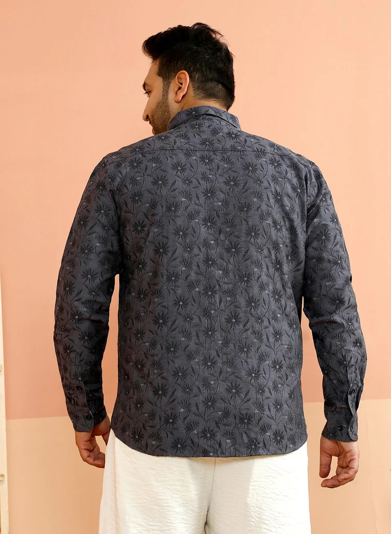 Instafab Plus Instafab Plus Men's Charcoal Grey Floret-Jacquard Shirt For Casual Wear | Spread Collar | Long Cuffed Sleeves | Button Closure | Plus Size Shirt Crafted With Comfort Fit For Everyday Wear
