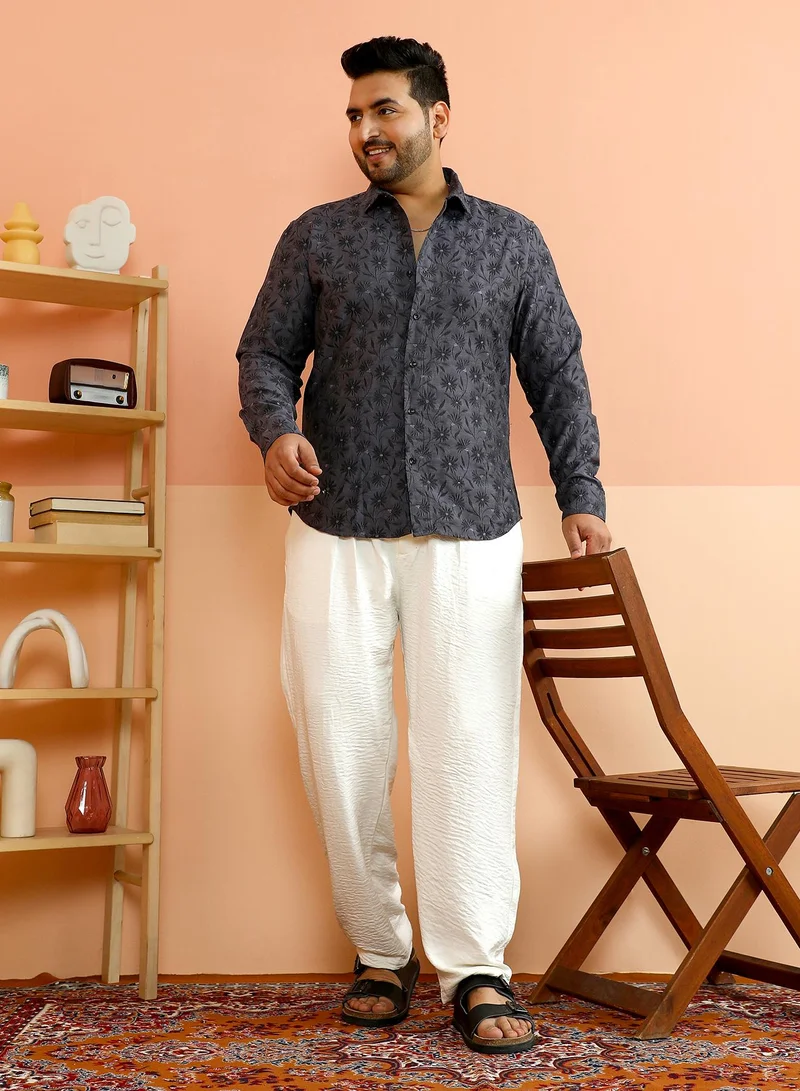 Instafab Plus Instafab Plus Men's Charcoal Grey Floret-Jacquard Shirt For Casual Wear | Spread Collar | Long Cuffed Sleeves | Button Closure | Plus Size Shirt Crafted With Comfort Fit For Everyday Wear