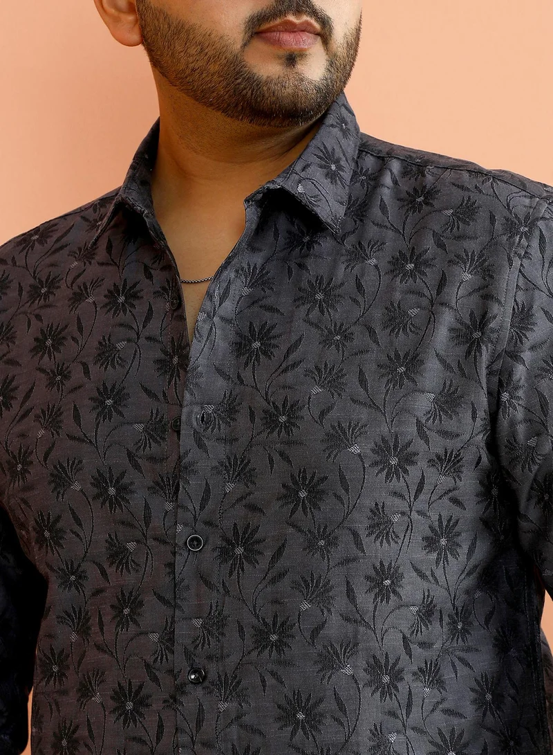 Instafab Plus Instafab Plus Men's Charcoal Grey Floret-Jacquard Shirt For Casual Wear | Spread Collar | Long Cuffed Sleeves | Button Closure | Plus Size Shirt Crafted With Comfort Fit For Everyday Wear