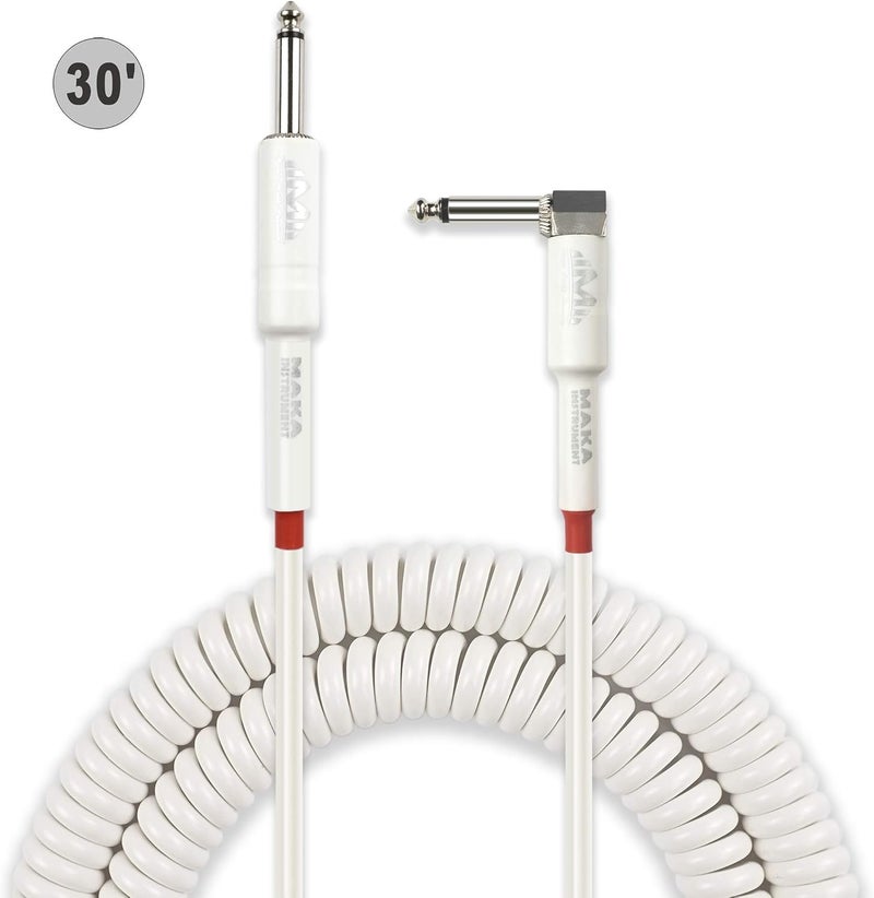 MAKA Premium Guitar Coil Cable 30 Feet, Instrument Coiled Curly Cord for Guitar Bass, 1/4 inch Right Angle to Straight, White - Image 2