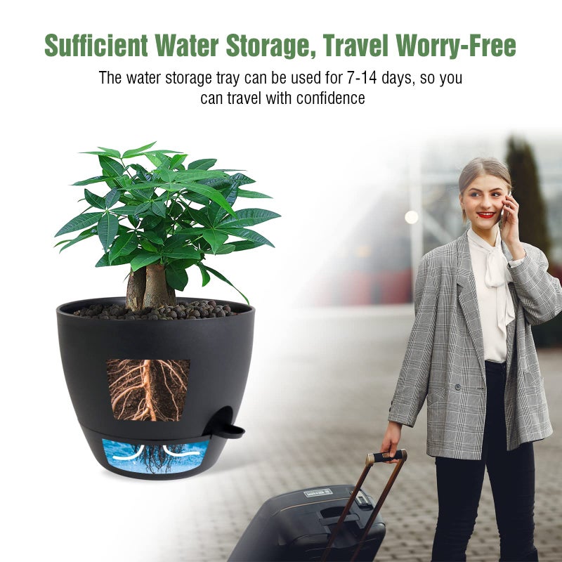 UOUZ 12 inch Large Self Watering Pots, Plastic Planters with 60oZ Removable Deep Reservoir and Multi Mesh Drainage Holes for Indoor Outdoor Garden Plants and Flowers, Black - Image 5