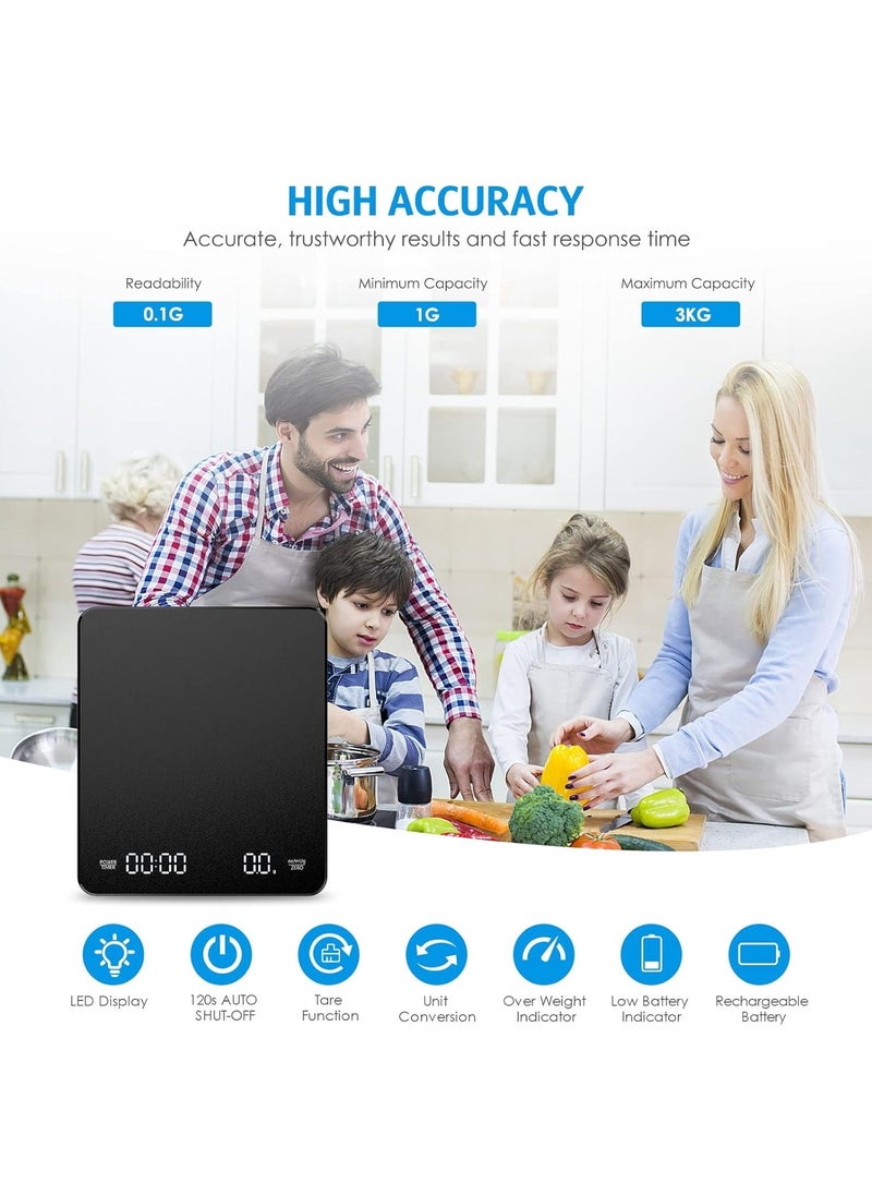 Timer Coffee Scale with Anti-Slip Pad,Digital Smart Touch  Hand-poured Coffee Scale,Waterproof Anti-Slip Food Weighing,0.1g/3kg,2 Power Mode(Battary/USB)