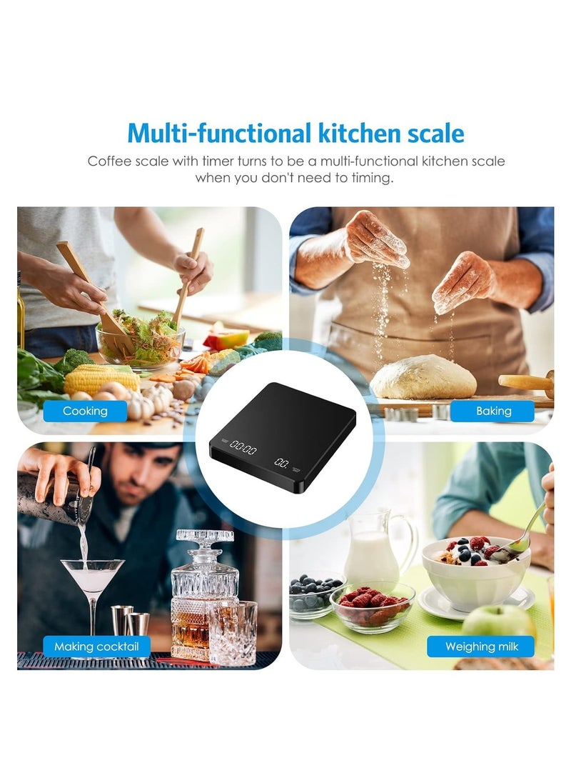 Timer Coffee Scale with Anti-Slip Pad,Digital Smart Touch  Hand-poured Coffee Scale,Waterproof Anti-Slip Food Weighing,0.1g/3kg,2 Power Mode(Battary/USB)