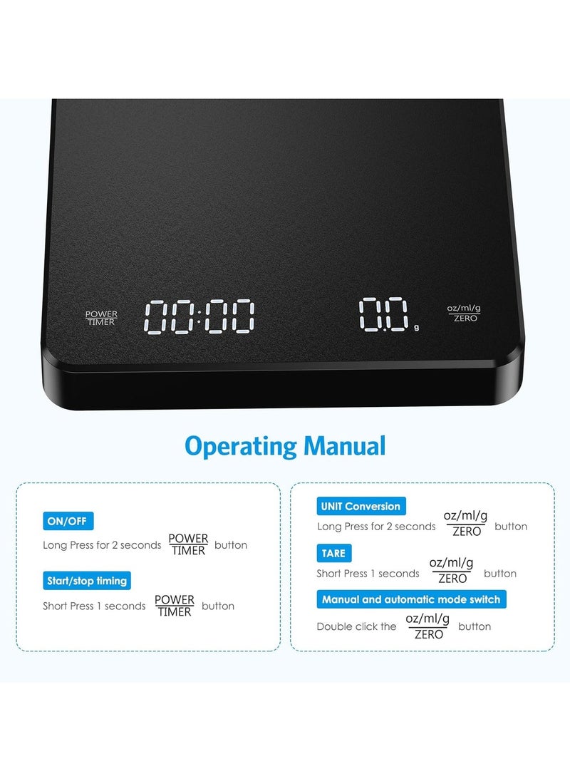 Timer Coffee Scale with Anti-Slip Pad,Digital Smart Touch  Hand-poured Coffee Scale,Waterproof Anti-Slip Food Weighing,0.1g/3kg,2 Power Mode(Battary/USB)