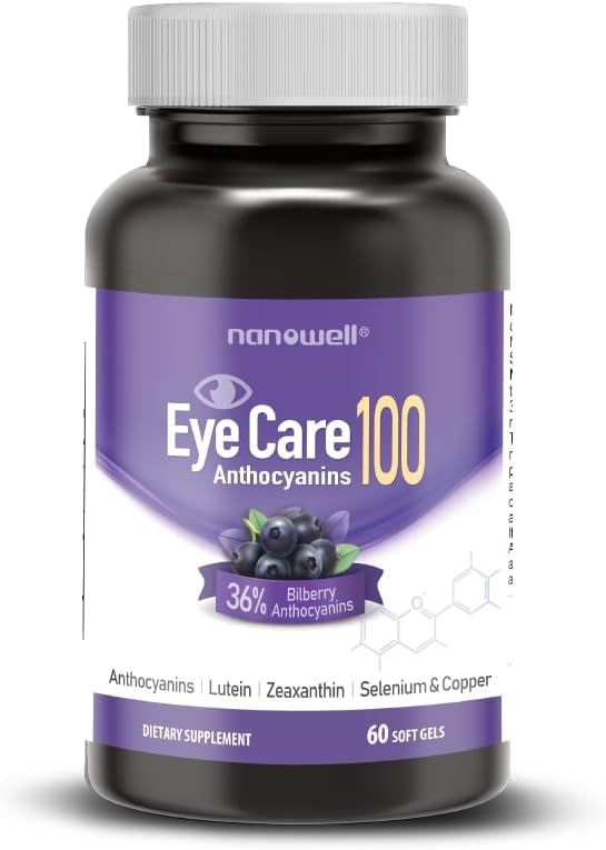 NANOWELL EyeCare Anthocyanins 100  Eye Health Supplement with Bilberry Zeaxanthin Lutein Anthocyanins Vitamin A E Selenium  Copper  60 Softgels 60 Day Supply - Image 1