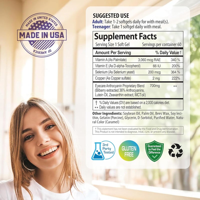 NANOWELL EyeCare Anthocyanins 100  Eye Health Supplement with Bilberry Zeaxanthin Lutein Anthocyanins Vitamin A E Selenium  Copper  60 Softgels 60 Day Supply - Image 4