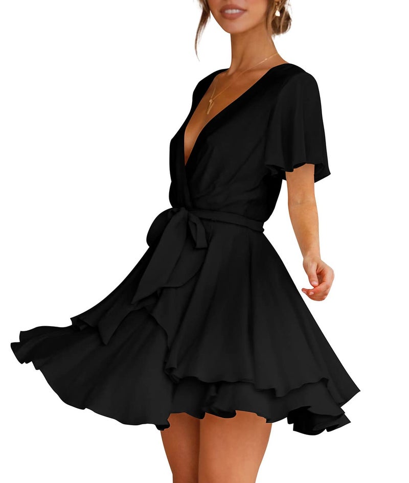 Cosonsen Womens Mini Dress Short Sleeve Deep V-Neck Faux Wrap Dresses Black XS - Image 2