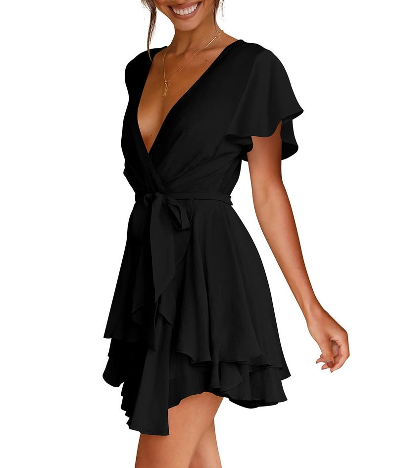 Cosonsen Womens Mini Dress Short Sleeve Deep V-Neck Faux Wrap Dresses Black XS - Image 4