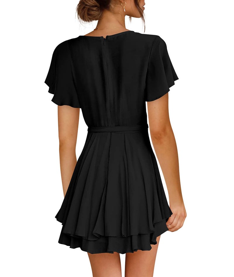 Cosonsen Womens Mini Dress Short Sleeve Deep V-Neck Faux Wrap Dresses Black XS - Image 3