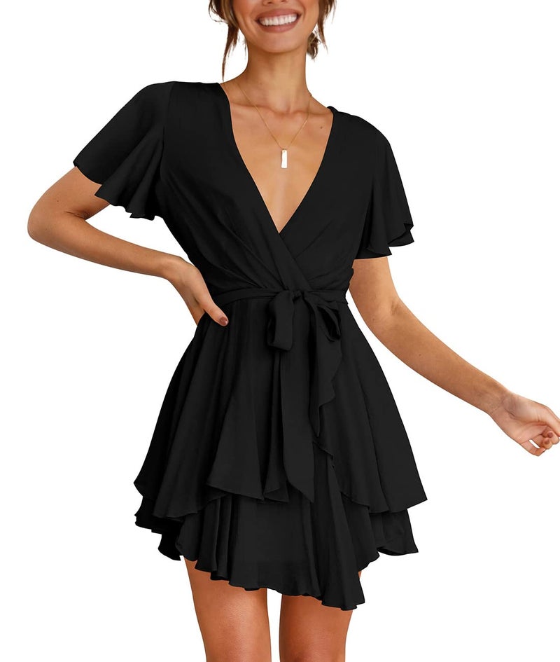 Cosonsen Womens Mini Dress Short Sleeve Deep V-Neck Faux Wrap Dresses Black XS - Image 5