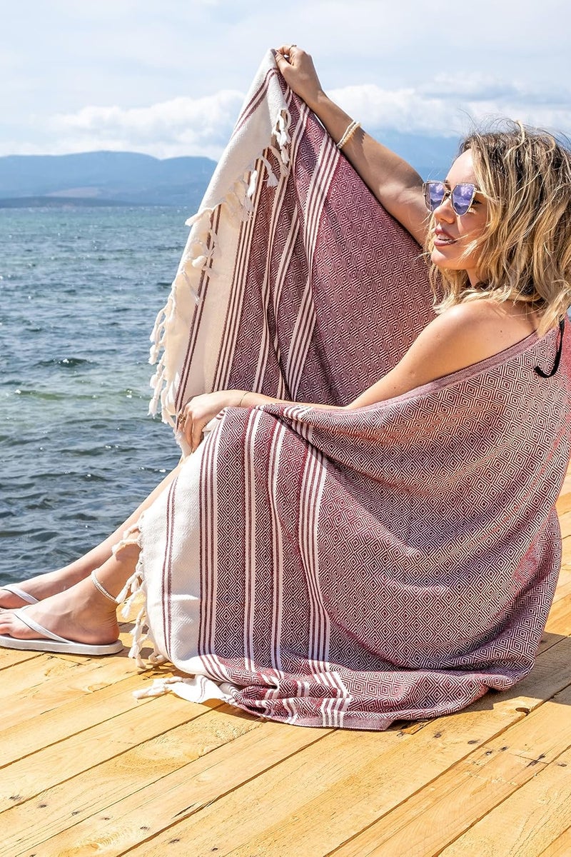 DEMMEX Certified 100% Organic Cotton & Organic Dye Prewashed XL Diamond Weave Turkish Cotton Towel Peshtemal Blanket for Bath,Beach,Pool,SPA,Gym, 71x36 Inches,14 Oz (Bordeaux) - Image 3