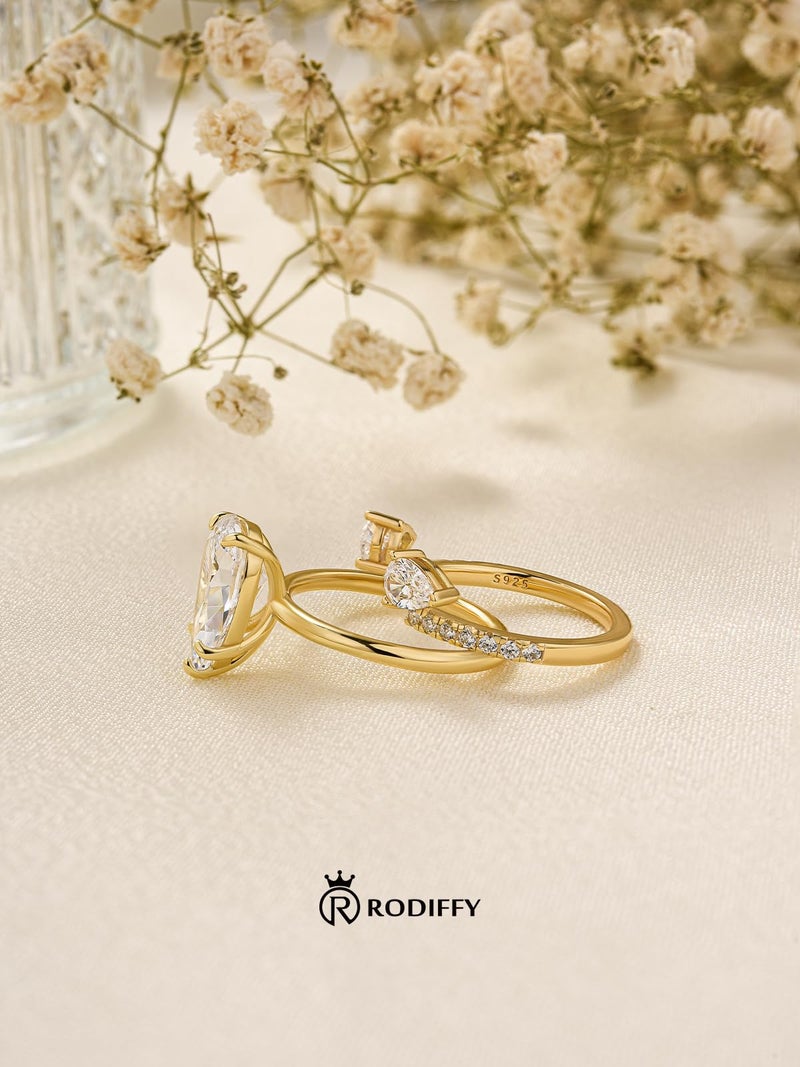RODIFFY 4 Carat Pear Shaped Engagement Ring Set for Women, Tear Drop 5A Cubic Zirconia Wedding Ring Set With Insert Design, 14K Gold Plated S925 Silver Elegant CZ Bridal Jewelry (14K Gold Plated, 6) - Image 3