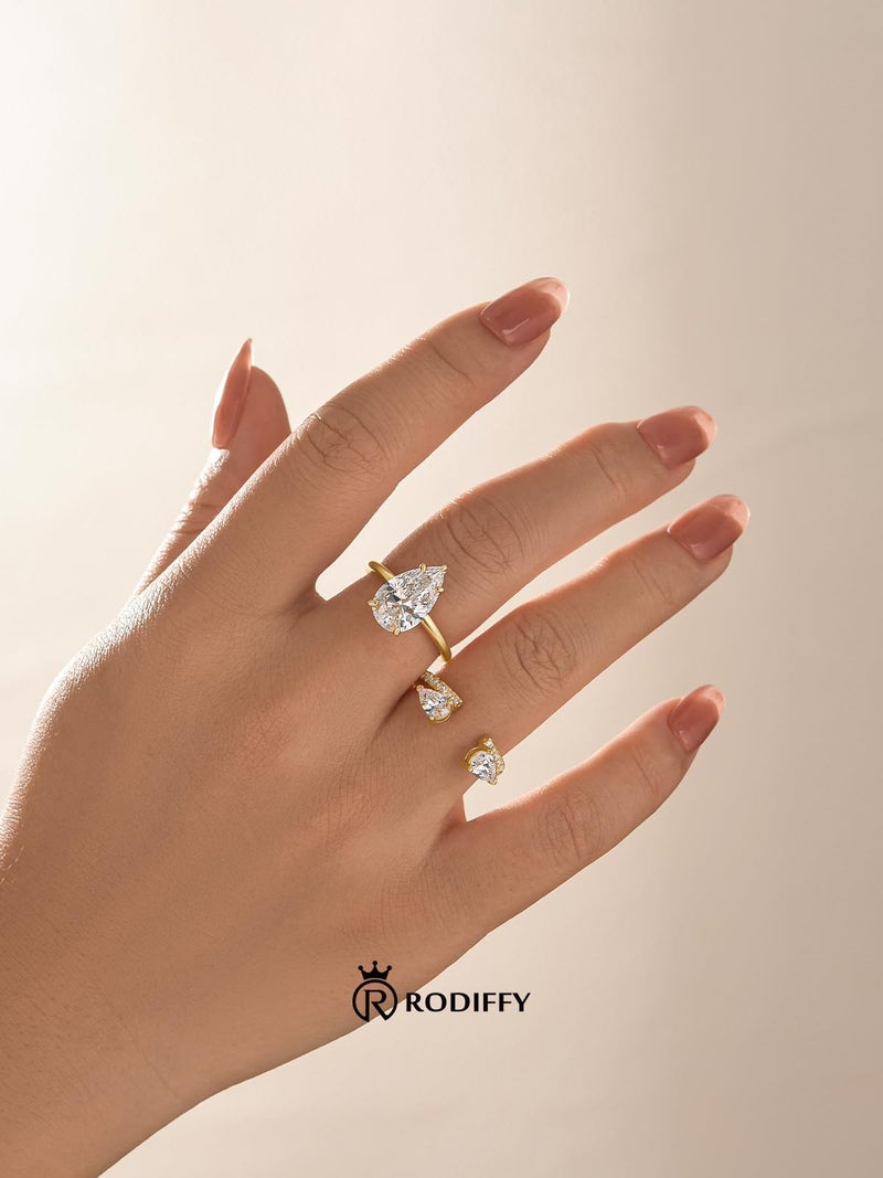 RODIFFY 4 Carat Pear Shaped Engagement Ring Set for Women, Tear Drop 5A Cubic Zirconia Wedding Ring Set With Insert Design, 14K Gold Plated S925 Silver Elegant CZ Bridal Jewelry (14K Gold Plated, 6) - Image 5