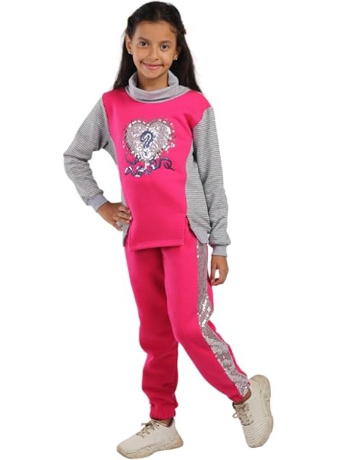 Girls' striped heart sequin tracksuit, elegant and modern design, comfortable high-quality material for a shiny casual look suitable for all ages, code 539 - Image 3