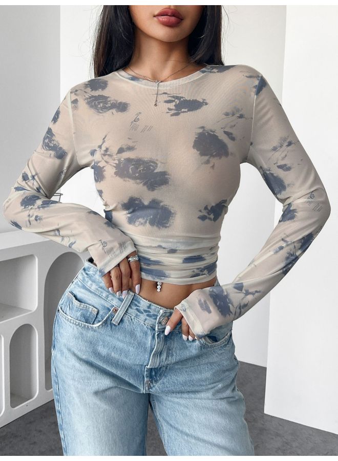 Floral Mesh Print Crop Top – Ruched Side Detail