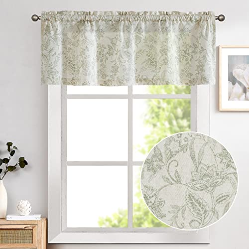 Lazzzy Kitchen Valance Curtain Linen Floral Farmhouse for Living Room Bathroom Bedroom Country Valance Window Treatments Small Window Cafe Curtains 16 Inch Rod Pocket 1 Panel Green on Beige - Image 3