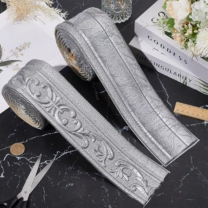 171.26 X 3.15 INCH CROWN MOLDING PEEL AND STICK SILVER 3D STICKY SELF ADHESIVE FLEXIBLE FOAM WALLPAPER BORDER WALL EDGING BASEBOARD LINES TRIMS FOR HOTEL HOME WALL MIRROR DIY DECORATION - Image 2