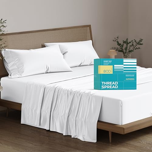THREAD SPREAD 100 Egyptian Cotton Sheets Queen Size Bed Set  4 PC 800 High Thread Count Egyptian Cotton Queen Sheet Set White Soft Cooling 16 Deep Pocket Sateen Weave Luxury Hotel Bedsheet