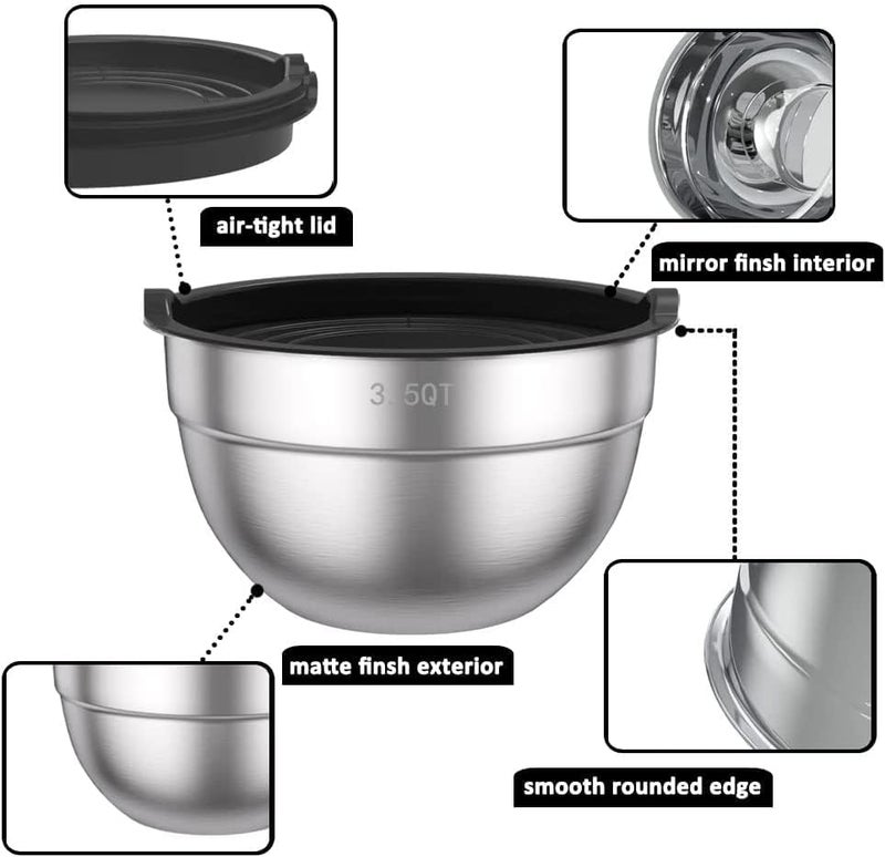 Wildone Mixing Bowls with Airtight Lids, 5 Pieces Stainless Steel Metal Nesting Storage Salad Bowls, Size 4.5L, 2.7L, 1.6L, 1.1L, 0.7L, Suitable for Mixing, Preparing & Serving - Image 5