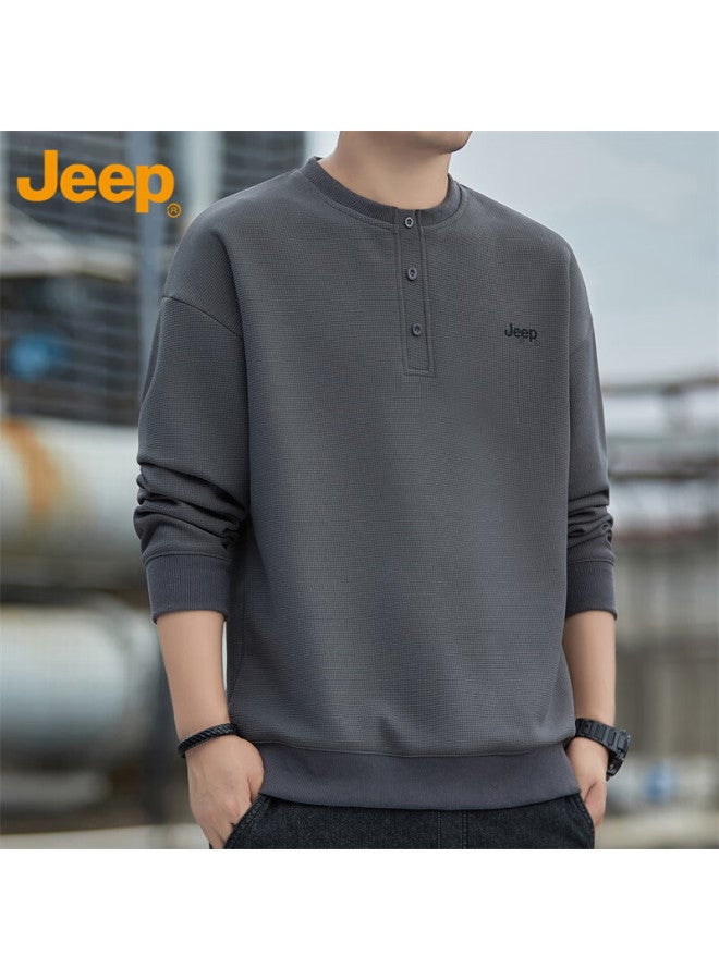 Jeep سويت شيرت للرجال، موضة الخريف والشتاء، تي شيرت فضفاض بأكمام طويلة، ملابس كاجوال للرجال، رمادي داكن، 2XL - Image 5