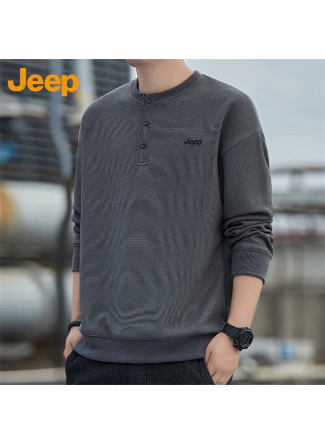 Jeep سويت شيرت للرجال، موضة الخريف والشتاء، تي شيرت فضفاض بأكمام طويلة، ملابس كاجوال للرجال، رمادي داكن، 2XL - Image 4