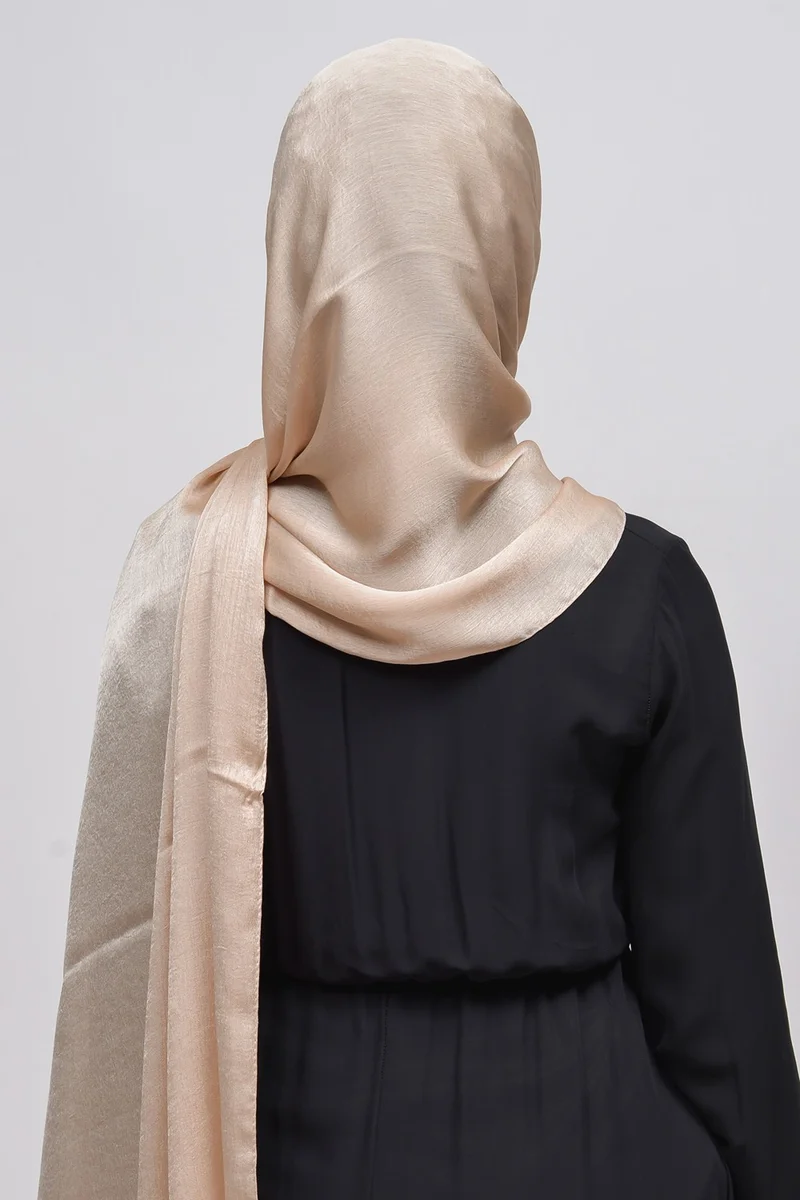 التوبة Janjan Shiny Satin Textured Hijab Evening Dress Chiffon Shawl-Sand Beige
