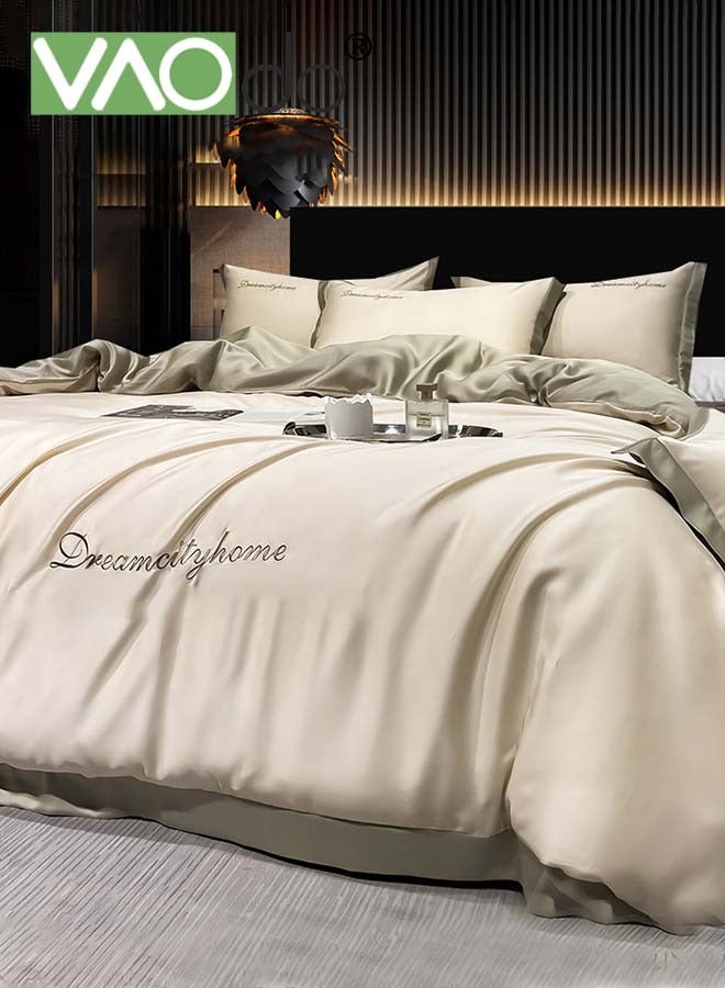 VAOdo 4PCS Satin Comforter Set, Bedding Sheet Set, AB Side Embroidery Bedding Set, Skin-friendly and Soft Material, Solid Color Breathable Duvet Cover Set Beige - Image 2