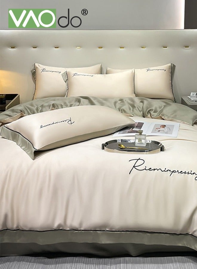 VAOdo 4PCS Satin Comforter Set, Bedding Sheet Set, AB Side Embroidery Bedding Set, Skin-friendly and Soft Material, Solid Color Breathable Duvet Cover Set Beige - Image 1