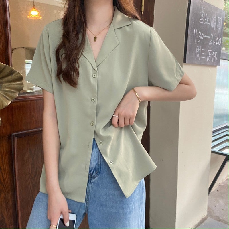Women'S Korean Style Suit Collar Short Sleeve Top Elegant Thin Summer And Autumn Wear Solid Color All-Match Shirt - Image 1