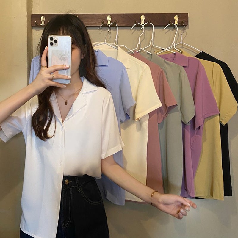 Women'S Korean Style Suit Collar Short Sleeve Top Elegant Thin Summer And Autumn Wear Solid Color All-Match Shirt - Image 2