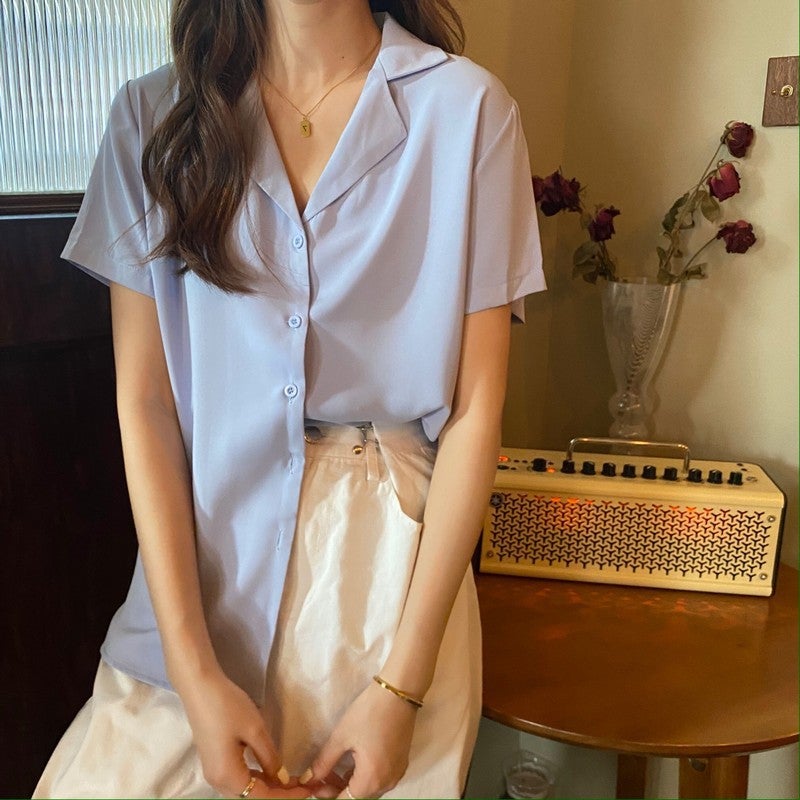 Women'S Korean Style Suit Collar Short Sleeve Top Elegant Thin Summer And Autumn Wear Solid Color All-Match Shirt - Image 5
