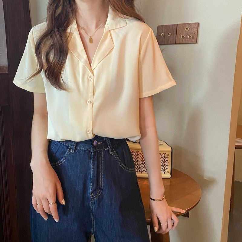 Women'S Korean Style Suit Collar Short Sleeve Top Elegant Thin Summer And Autumn Wear Solid Color All-Match Shirt - Image 3