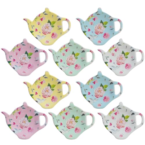 PRECITIME Porcelain Tea Bag Coasters, Floral Used Tea Bag Holder Ceramic, Set of 10 Tea Bag Plates Floral, Teaspoon Rest, Tea Bag Dish, Tea Party Gifts - Image 1