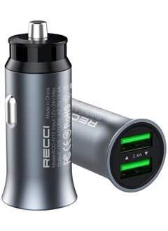 Recci 24W Travel Car Charger Fast Charging Dual USB Port 12-24V Car Adapter Compatible With iPhone 13 14 15 16 iPad Samsung Xiaomi Airpods Apple Watch Huawei Grey  - Image 1