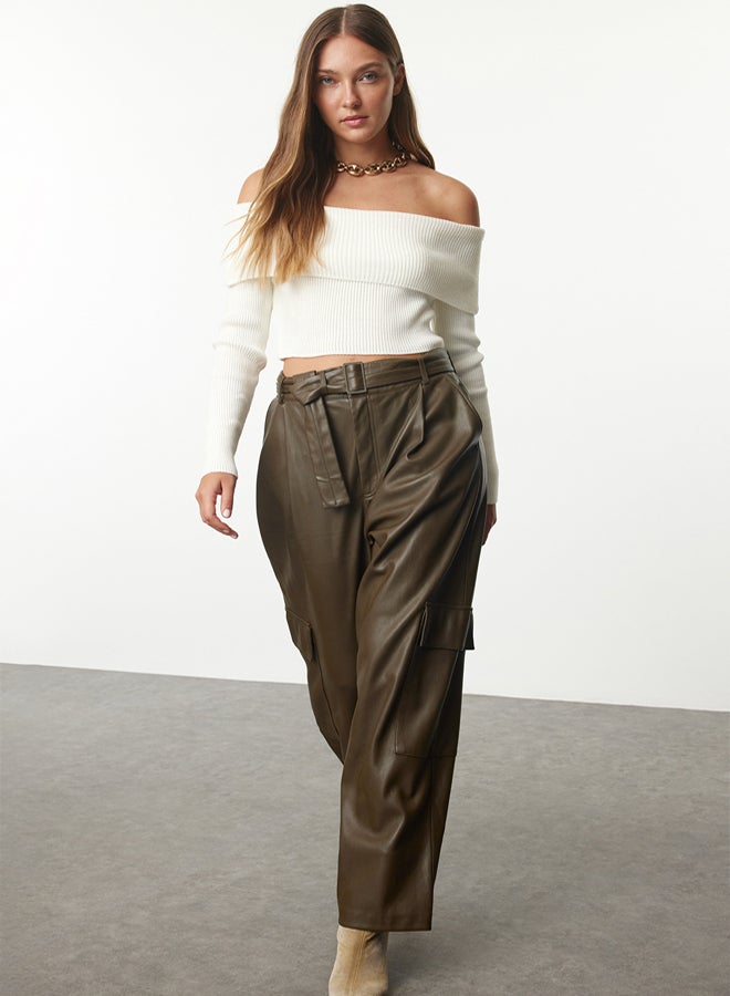 trendyol Ecru Super Crop Carmen Collar Knitwear Sweater - Image 2