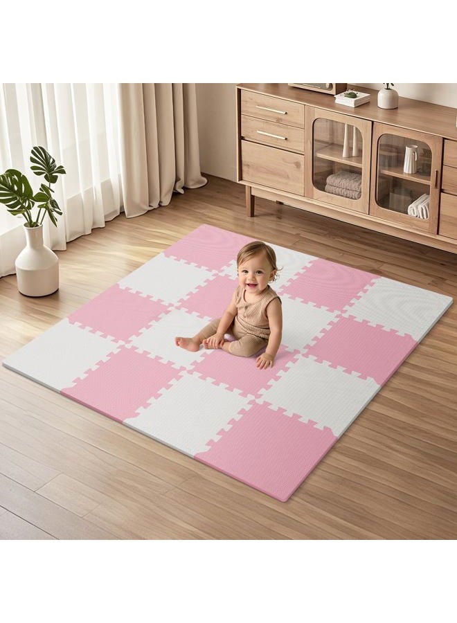 PIGLOG 16 Tiles Baby Play Mat for Floor, EVA Foam Baby Floor Play Mat with 0.6 Inch Thick Interlocking Foam Tiles, Foam Floor Tiles for Baby, Toddlers and Kids (Grey-White- Pink, 16PCS) - Image 1