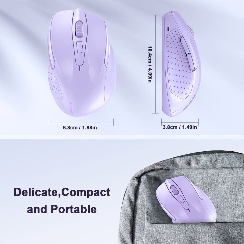 TECKNET Wireless Mouse, 2.4G Ergonomic Optical Mouse, Computer Mouse for Laptop, PC, Computer, Chromebook, Notebook, 6 Buttons, 24 Months Battery Life, 2600 DPI, 5 Adjustment Levels - Lavender - Image 5