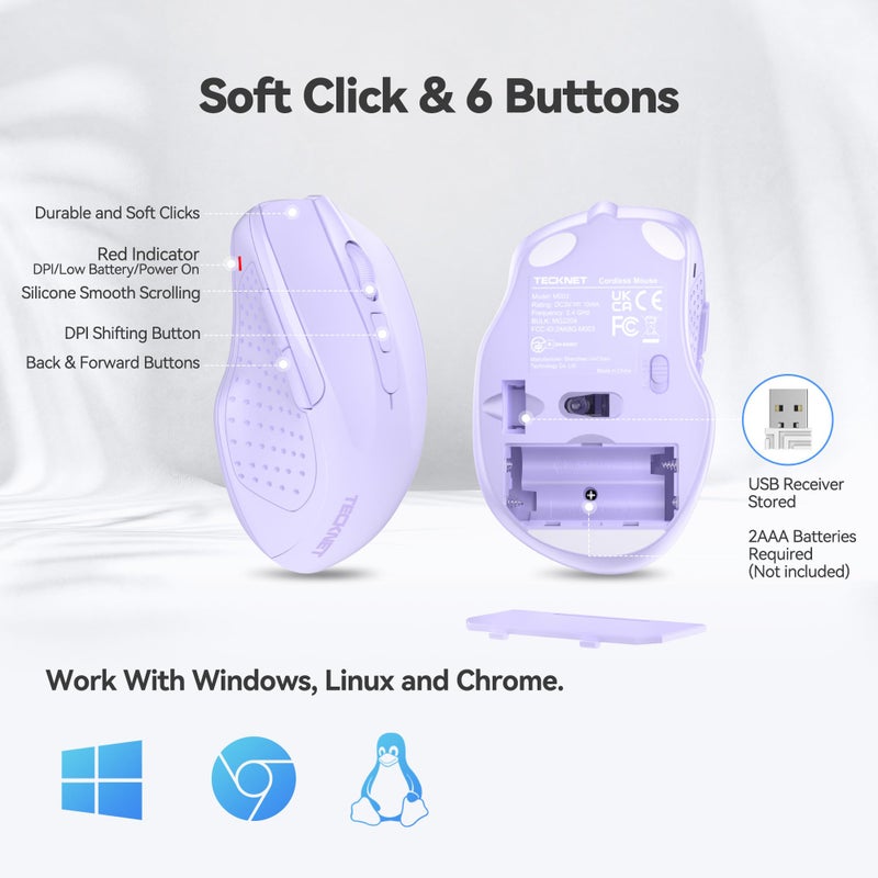 TECKNET Wireless Mouse, 2.4G Ergonomic Optical Mouse, Computer Mouse for Laptop, PC, Computer, Chromebook, Notebook, 6 Buttons, 24 Months Battery Life, 2600 DPI, 5 Adjustment Levels - Lavender - Image 4