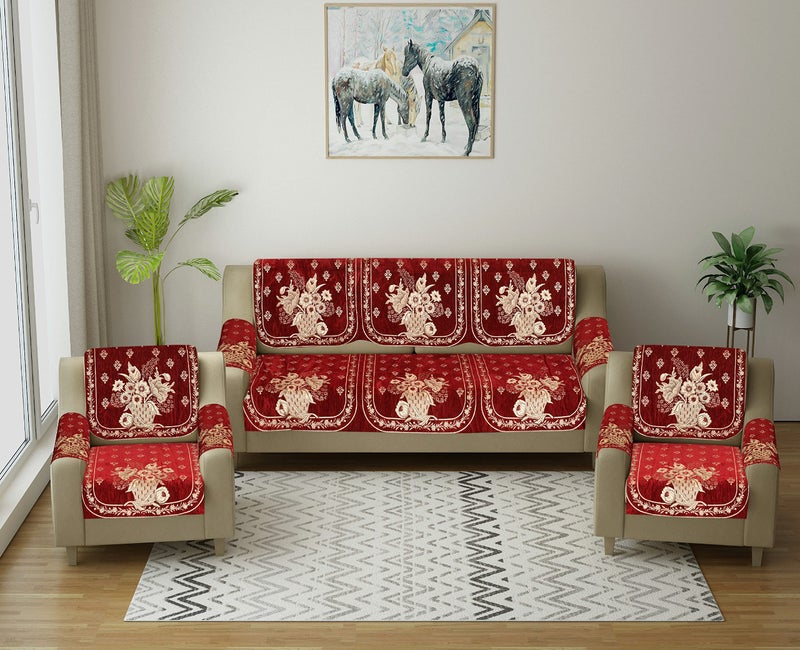 SAWNA HOMES 5 Seater Printed Sofa Cover Set with Arm Covers | Velvet Back Slip Panels for 3,1,1 Seater Sofa | Anti-Slip Washable Sofa Protectors for Living Room (12 Pcs, Maroon) - Image 4